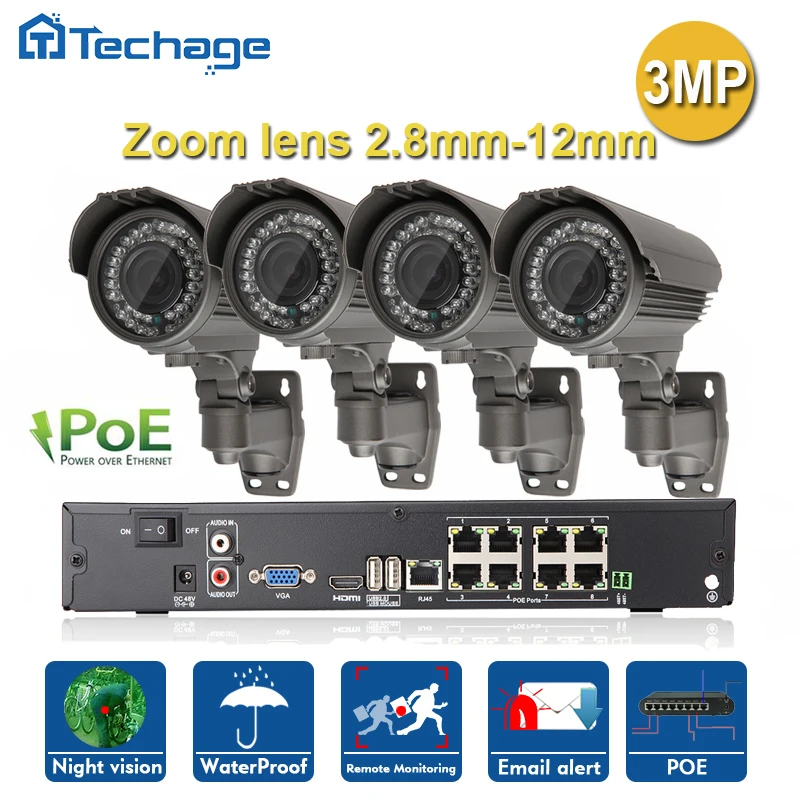 

Techage 8CH 3MP 2048*1536 48V Real POE NVR CCTV System 4pcs 2.8-12mm lens Security Outdoor IR P2P IP Camera Surveillance IPC Kit