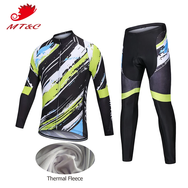 

MT&C Man Winter Cycling Jersey Set Green Splash-ink Breathable Fleece Pro Cycling Team Clothing Quick Dry Gel Pad Bike Clothes