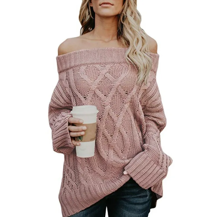 Осенний и зимний свитер, осенний и зимний теплый толстый свитер с открытыми плечами, женский свитер - Цвет: Pink