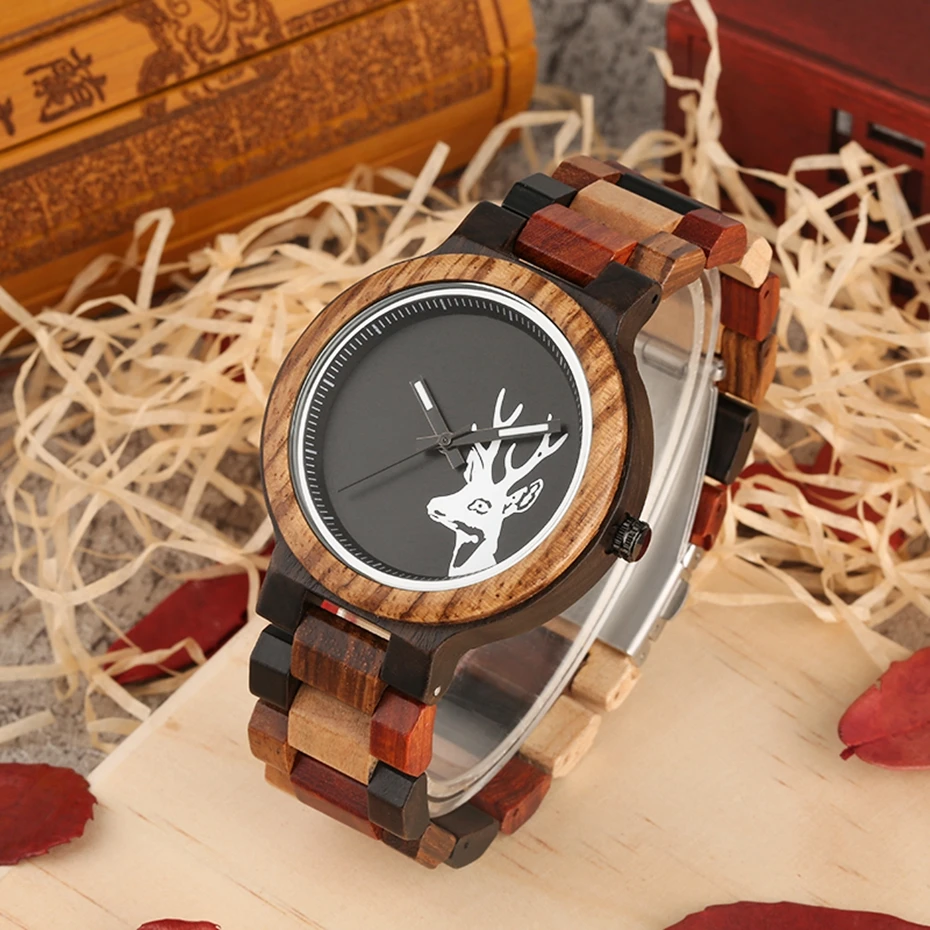 Natural Deer Head Elk Wood Watch Male Unique Mixed Color Full Wooden Watches Quartz Wristwatch Men Hours Clock Relogio Masculino (8)