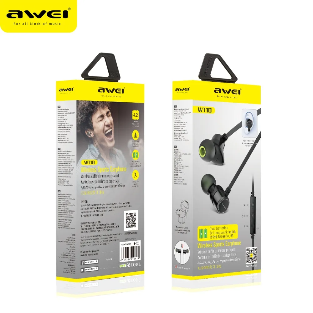 AWEI WT10 Magnetic Bluetooth Earphone Sport Waterproof Wireless Headset Bass Stereo Music Wireless Headphones with microphone