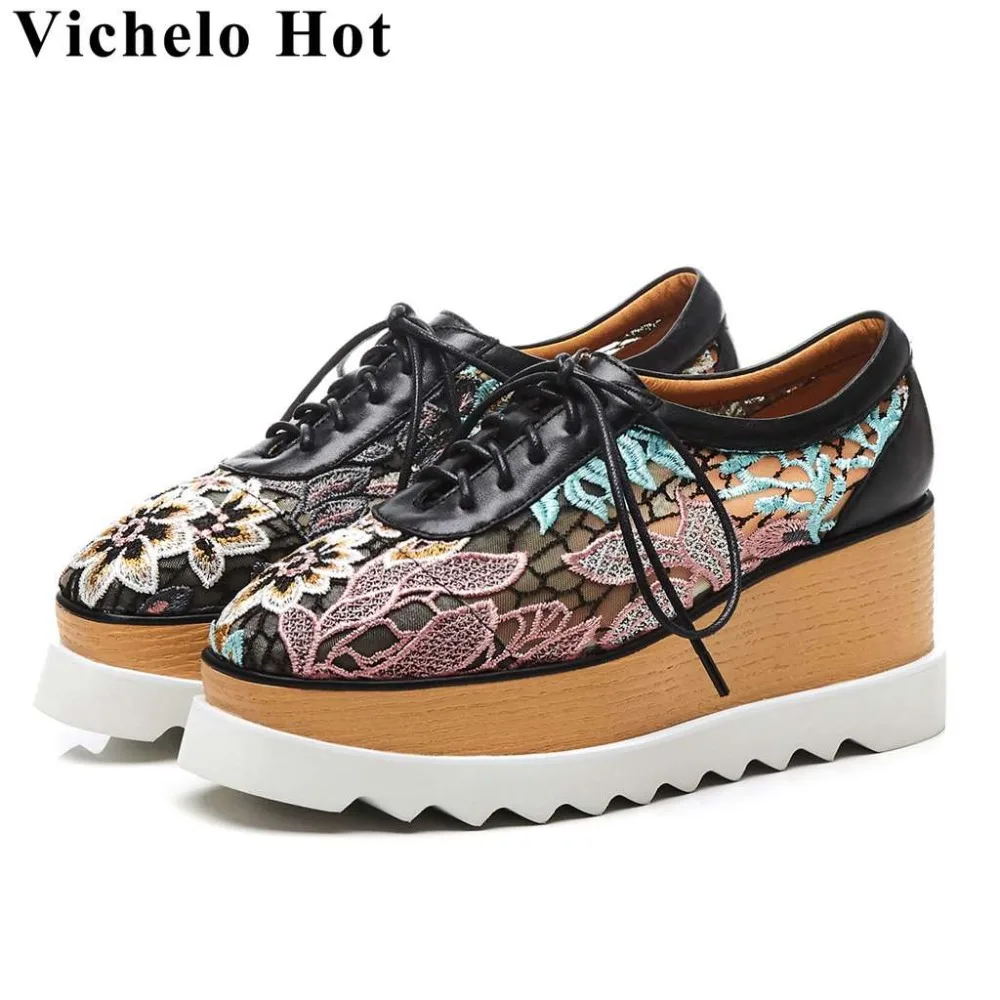 

Vichelo Hot Ethnic style fashion show embroidery breathable mesh cow leather wedges bottom punk lace up increase women pumps L11