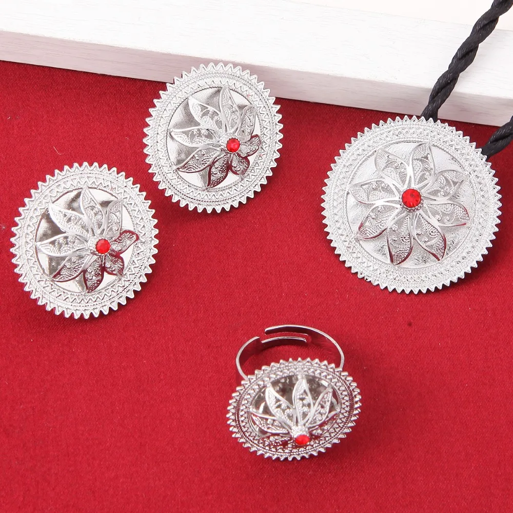 

Bright Silver Flower Ethiopian Jewelry Wedding Pendant Chain Earrings Ring Africa Eritrea Ethiopia Silver Plated Jewelry