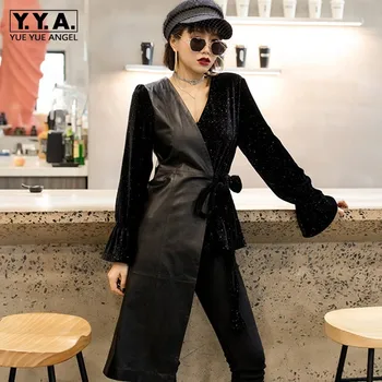 

New F Leather Shirt Female Sashes Flower Printied Chiffon Real Natural Sheep Leather Spliced Sheepskin Women Long Sleeve