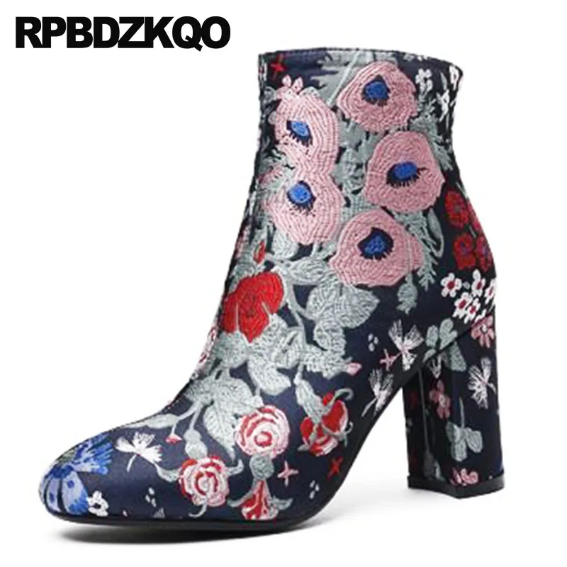 

flower shoes fetish embroidered vintage platform ankle side zip boots round toe custom extreme chunky high heel embroidery women