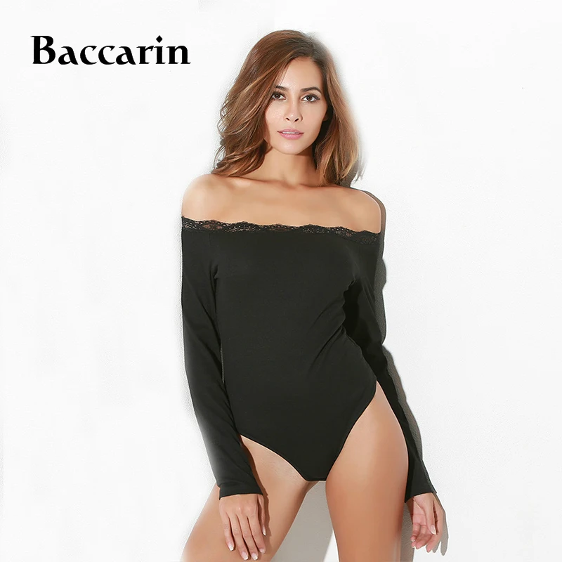 High Street Bodysuits 2019 Autumn Women Off the Shoulder Splicing Lace