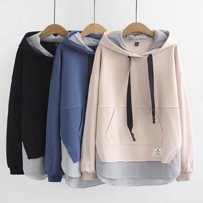 

2019 Spring Autumn Sweatshirts Large Size Women's New Jacket Solid Color Korean Version Cotton Hooded Stitch Ladies Sweatshirts