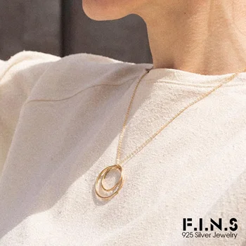 

F.I.N.S 925 Sterling Silver Long Pendant Double Circular Simple Necklace Minimalist Crossed Hoop Pendants For Women Fine Jewelry