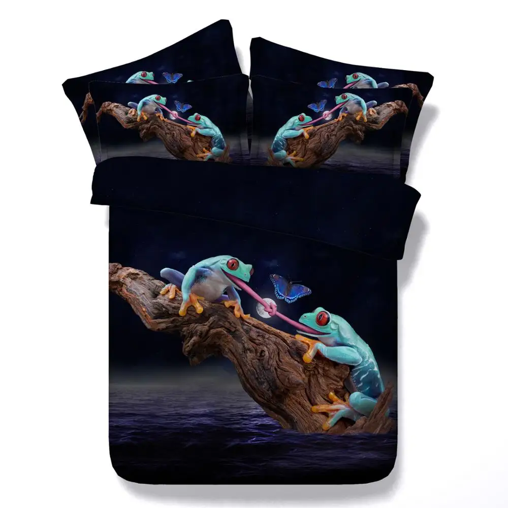 Lai Yin Sun Drop shipping Duvet cover sets Pillow cases Cute Tongue tied blue frogs and butterfly 3d Bed set