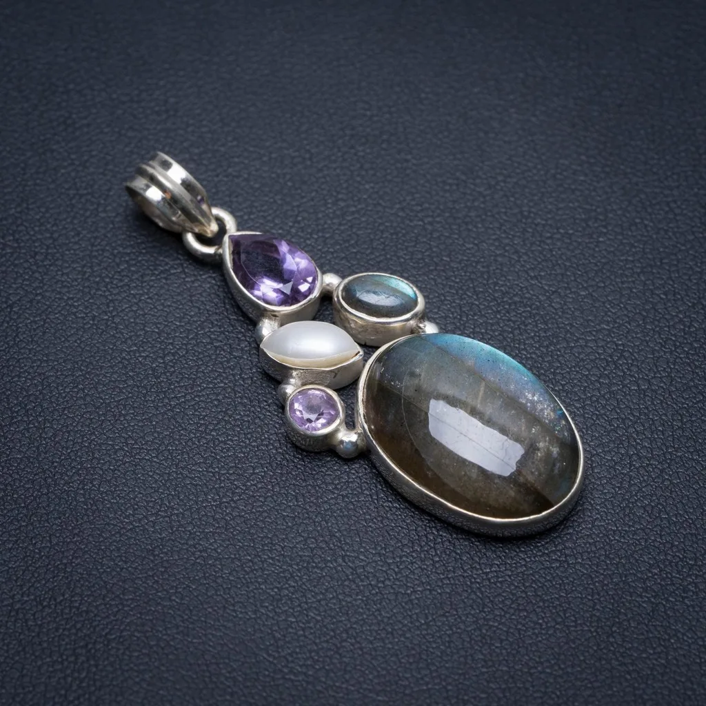 

Natural Labradorite,Amethyst and River Pearl Handmade Indian 925 Sterling Silver Pendant 2" S0807