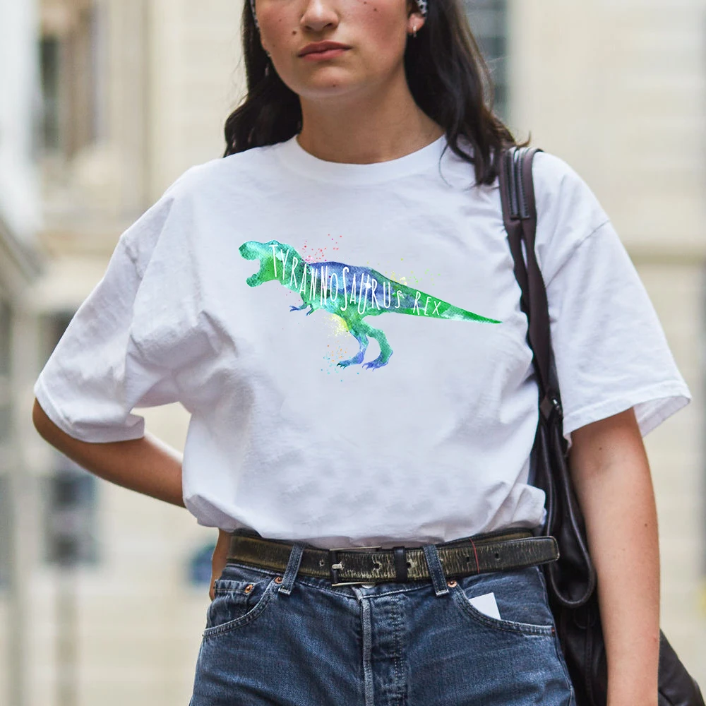 

Dinosaur t shirts Women Funny Cartoon Print T-shirt TYRAN NO SAUR US REX Spoof Personality t shirt Design New Summer Casual Tops