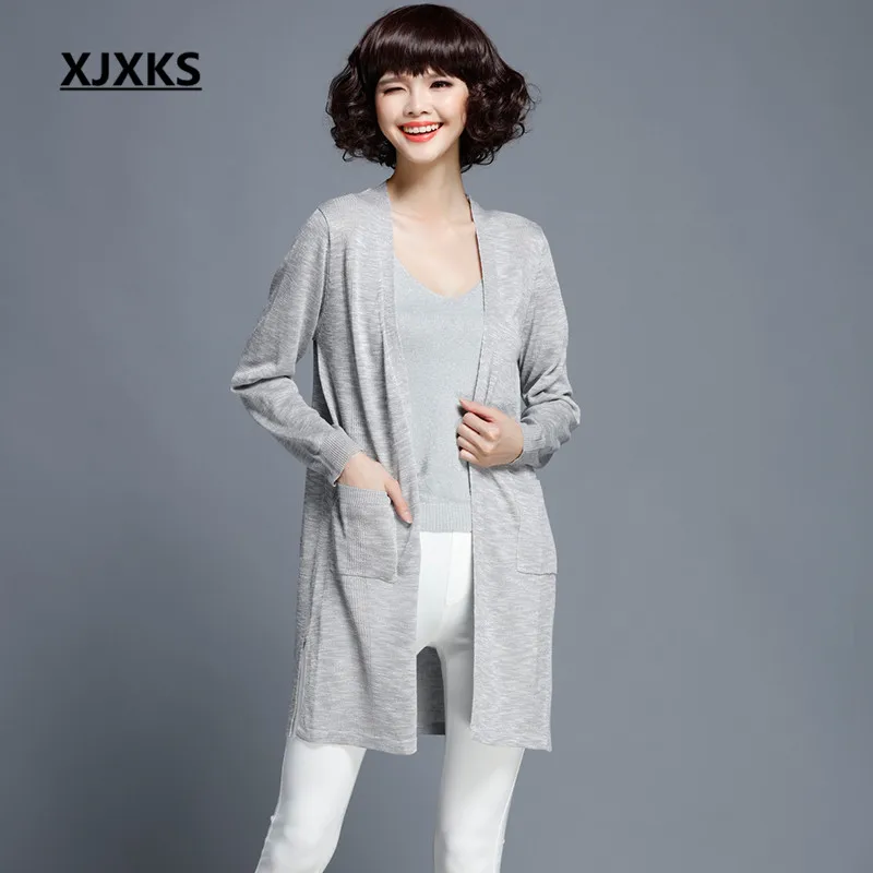Female sweater New 2017 fashion Solid color Super Thin Spring and Summer 6 Colors Long Cardigan with pocket 99704
