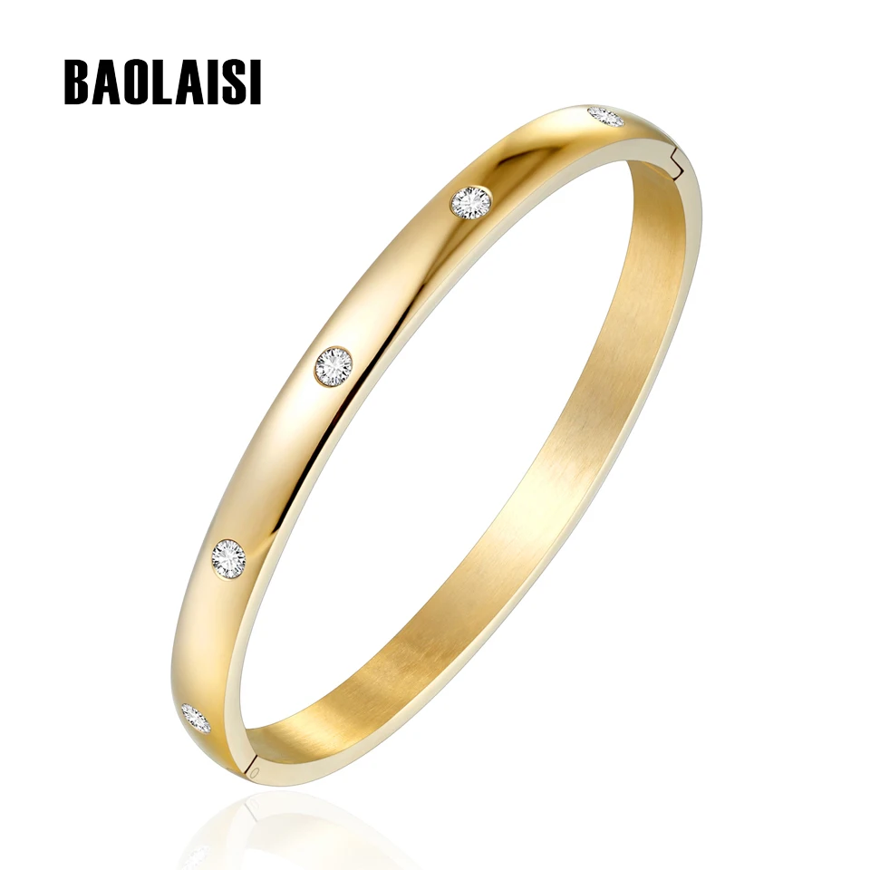

BAOLAISI Trendy Round Cubic Zircon Bracelet Gold Color Stainless Steel Bangle Bracelet For Women Bracelets Bangles Wedding Gift