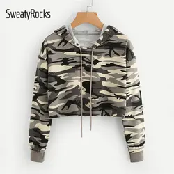 SweatyRocks Drop Shoulder Crop Camo Hoodie пуловеры для женщин Новинка 2018 года многоцветный шнурок женщина с длинным рукавом Укороченный свитшот