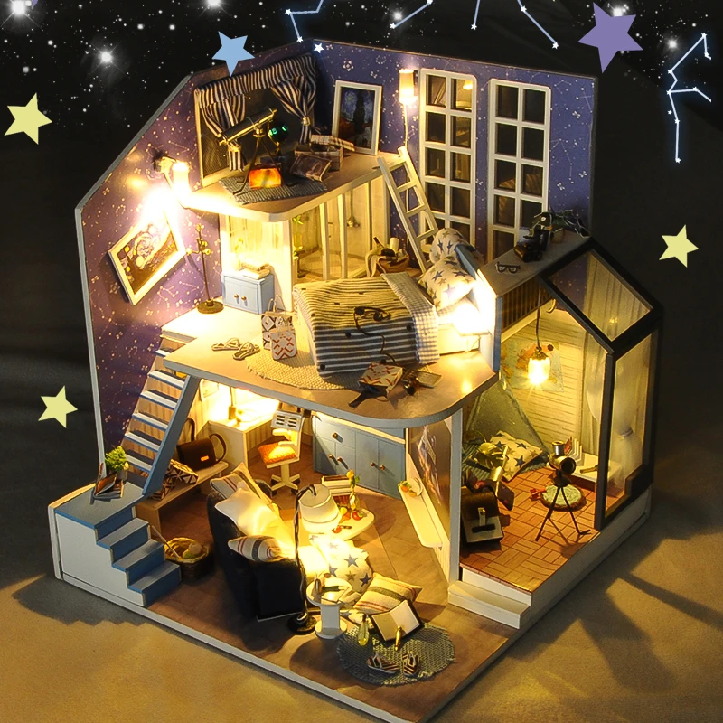 

Miniature Dollhouse Diy Doll House Casa With Furnitures Led Light Villa Building Kits House Model Toys For Children TD15 #E