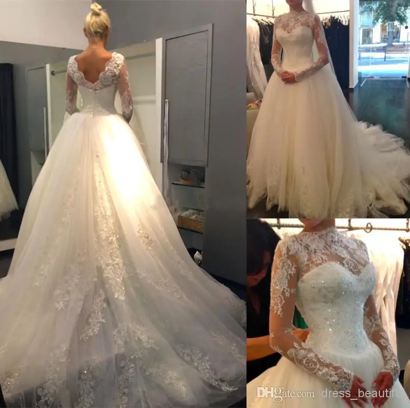 

2015 Sexy New Sheer Lace Long Sleeves Backless A-Line Wedding Dresses High Neck Tulle Applique Beaded Court Train Bridal Gowns