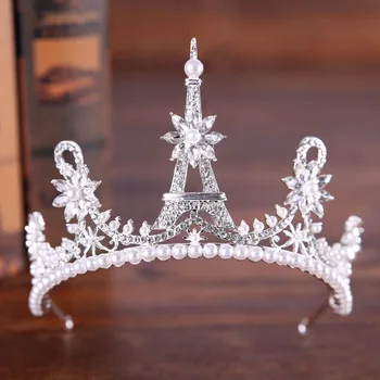 

Eiffel Tower Princess Crown Wedding Jewelry Simulated Pearl Bride Accessory Rhinestone Headdress Hairbands For Women Gifts 2018