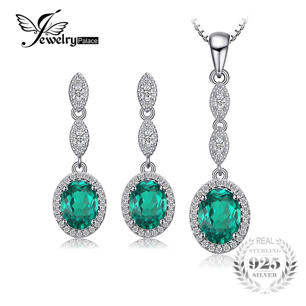 

JewelryPalace Fashion 4ct Oval Nano Russian Simulated Emerald Drop Earrings Pendant Necklace Jewelry Sets 925 Sterling Silver