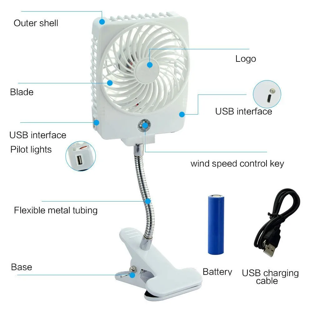 Многофункциональный настольный вентилятор квадратный Перезаряжаемые клип База вентилятор Портативный Перезаряжаемые мини вентилятор со светодиодной подсветкой Батарея и USB кабель