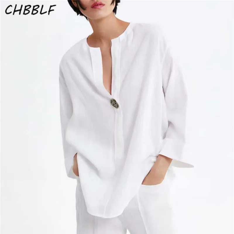 

CHBBLF women elegant V neck button design white blouse three quarter sleeve shirts female casual wear tops blusas CDC9083