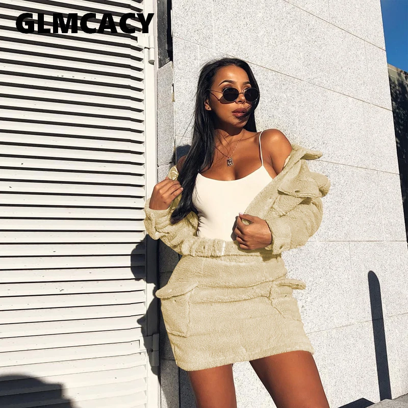 

Women Fuzzy Wool Cashmere Bodycon 2 Piece Set Crop Top+Skirt Cute Sexy Party Club Winter Outfits Ladies Matching Sets