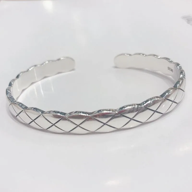 

Pure 925 Sterling Silver Simple Sweet Lattice Band Cuff Bracelet For Men Women Lovers Silver 925 Bracelet Jewelry Free Box Gifts