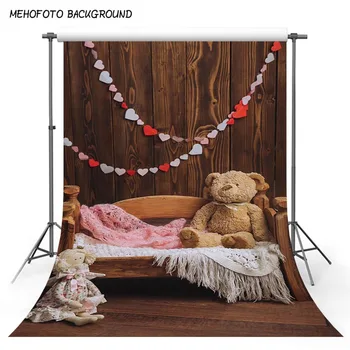 

Baby Shower Photography Background Newborn Dark Wood Wall White Blankets Photography Backdrop Teddy Bear Kids Photo Studio Props