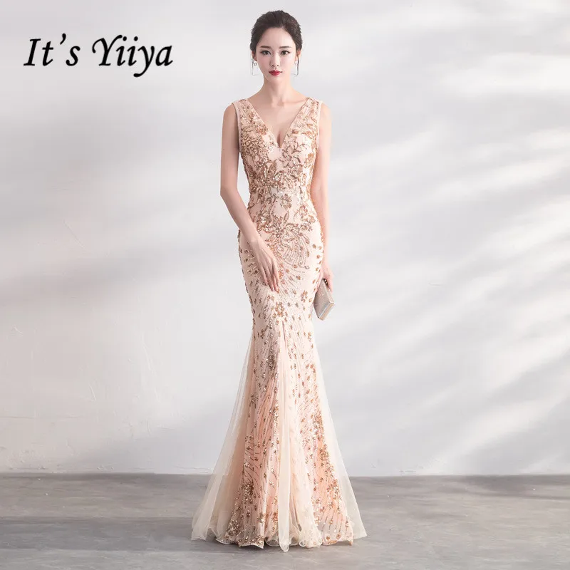 Это YiiYa вечернее платье с золотыми блестками Bling очаровательное вечернее платье в виде раструба сексуальные платья с v-образным вырезом без рукавов Длинные вечерние платья E077
