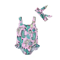 0-3Y купальный костюм для новорожденных девочек с принтом кактуса и повязкой на голову; летняя одежда для малышей; купальный костюм; цельный