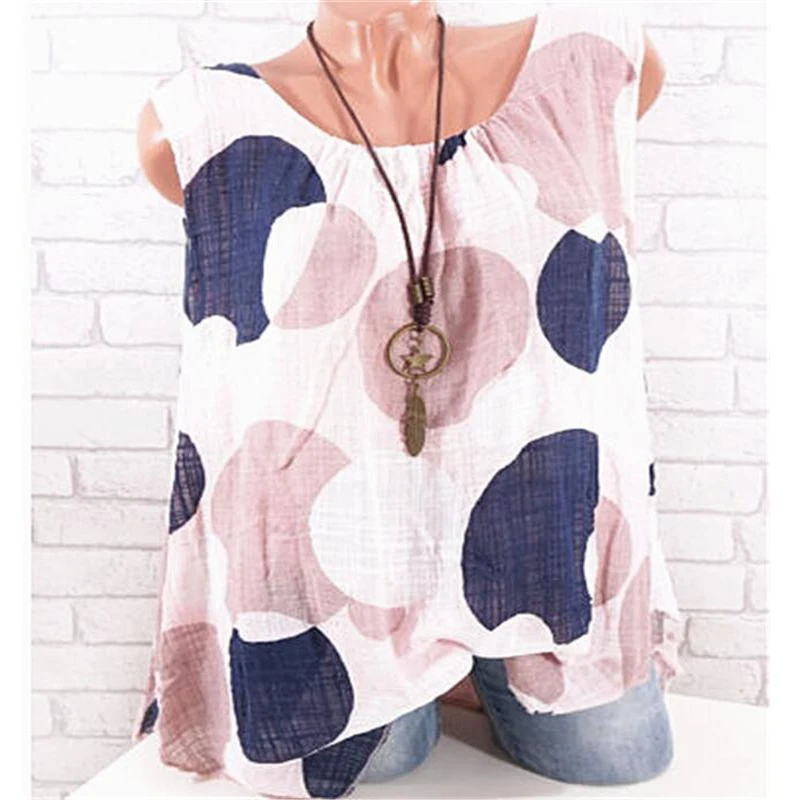 

S-5XL Plus Szie 2019 Summer New Tank Tops Women Sleeveless O- Neck Loose Polka Dot Print Top Ladies Vest Singlets Woman Clothes