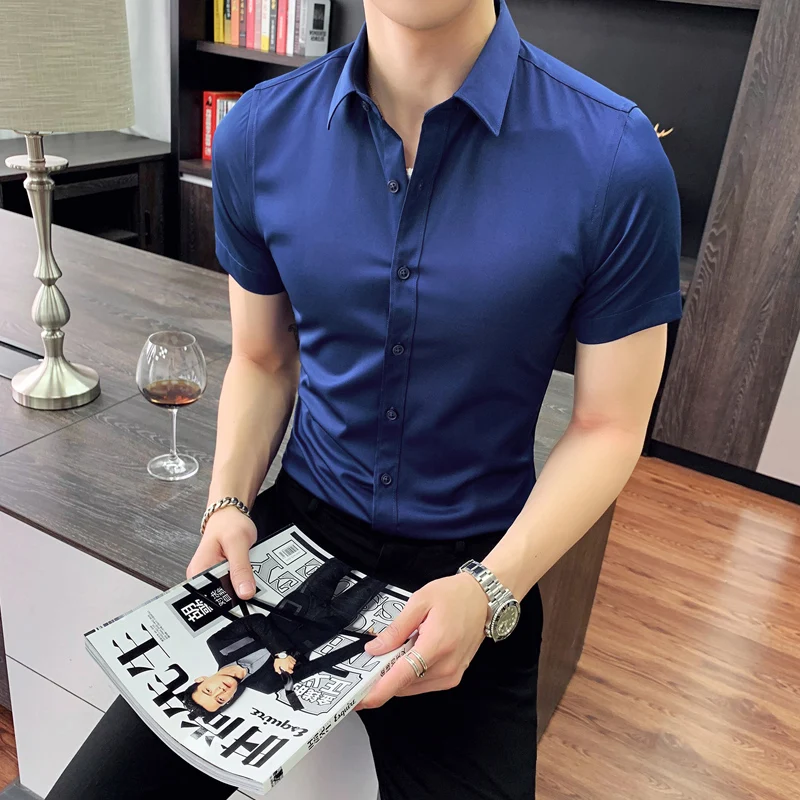 

2019 Men High quality pure cotton Casual short-sleeved shirt/Male slim fit lapel Business dress shirts red blue white black 4XL
