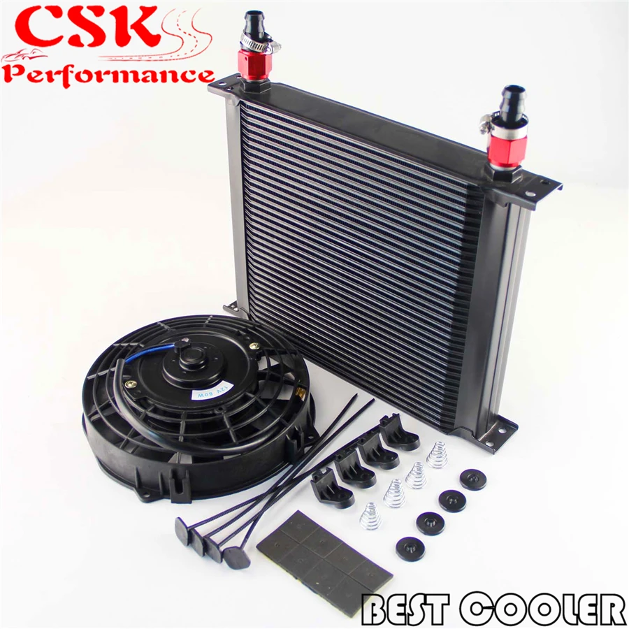 

10-AN Universal 34 Row ENGINE Oil Cooler with fittings + 7" Electric Fan Kit Black