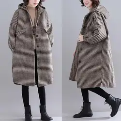 Для женщин зима ретро плед пальто утепленная Теплая верхняя одежда с капюшоном плюс Размеры шерстяные парки куртка для беременной для