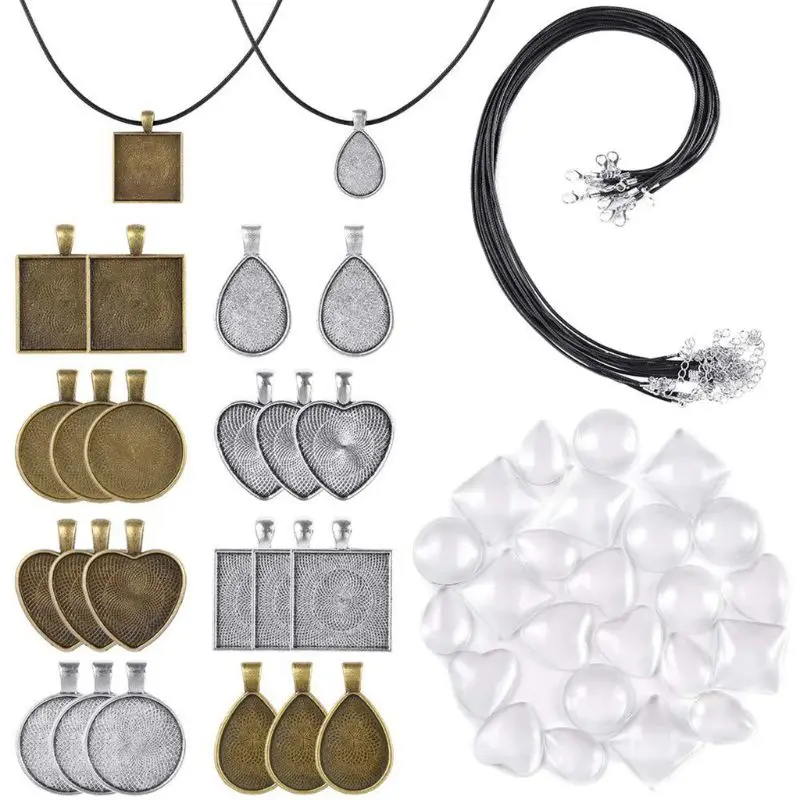 

JAVRICK 60 Pcs/set Necklace Pendant Bottom Tray Set with Glass Necklace Leather Cord For Photo Pendants DIY Jewelry Making