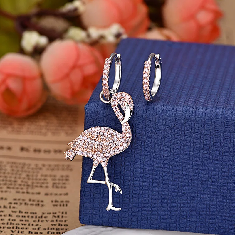 

New Fashion Silver Color Stone Rhinestone Zircon Flamingo Drop Earrings For Women Jewelry brincos bijoux ZK40