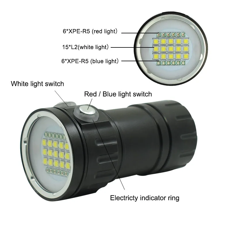 

Diving Flashlight Camping Light Led Underwater Photography Torch 15 x L2 White 6 x Red 6 x Blue LED With 18650 Battery + Charger