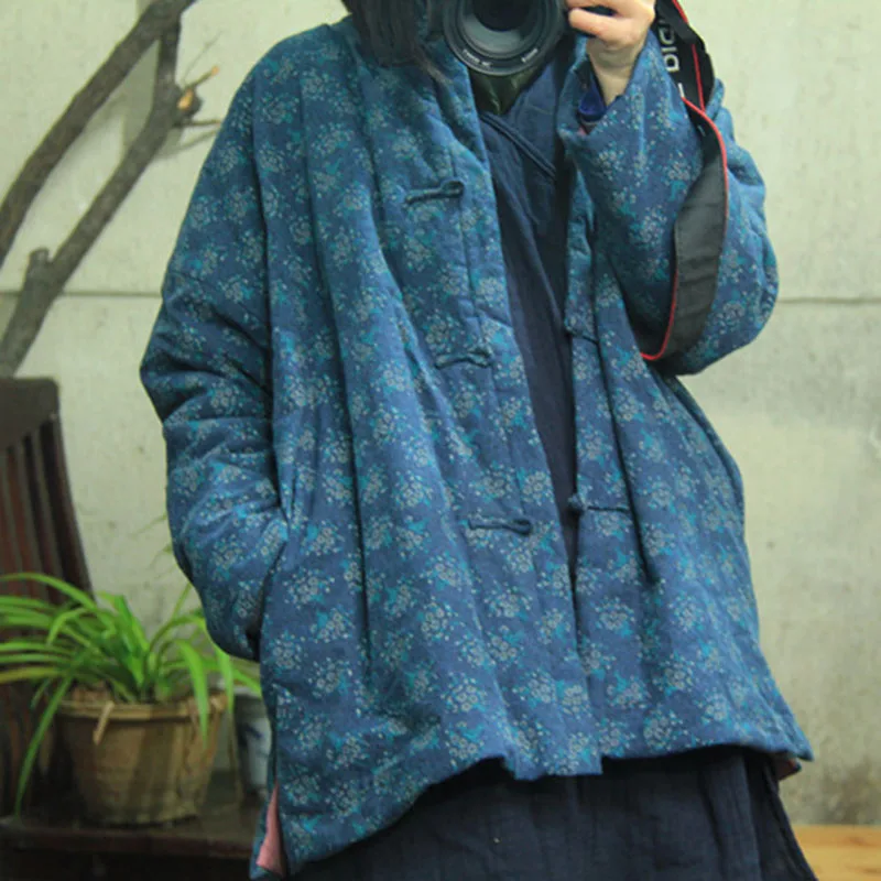 

Women Autumn Winter Padded Coat Parkas Overcoat Outwear Loose Single Breasted Handmade Button Printed Floral Retro Jackets