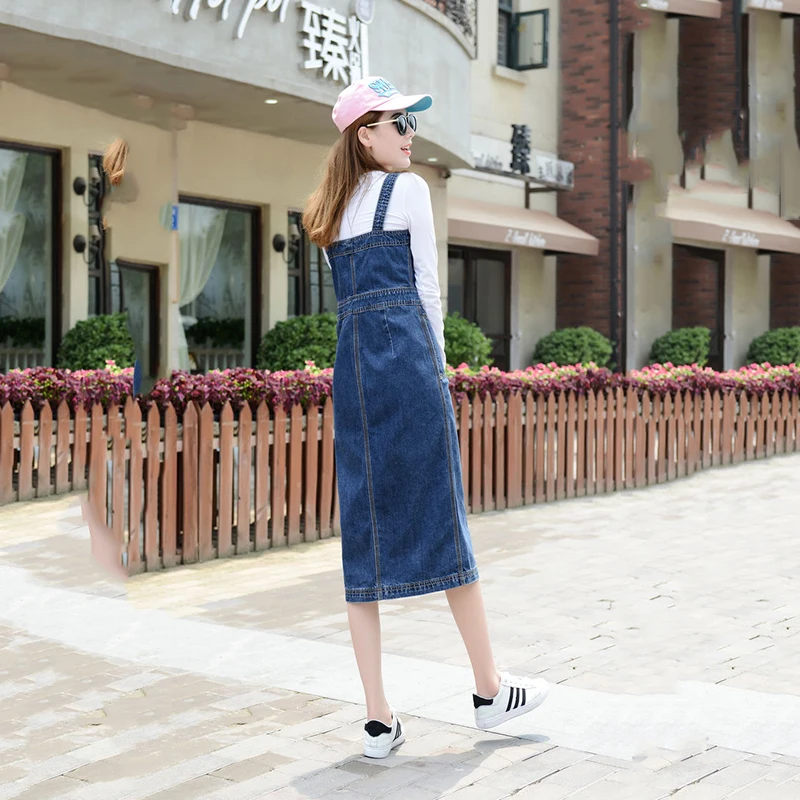 Корейский женский джинсовый сарафан весна осень длинное платье Sunspender однобортное повседневное летнее джинсовое платье на бретельках