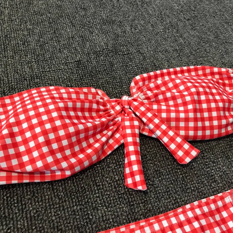 XREOUGA Knot bikinis 2019 mujer biquini Red Gingham swimsuit sexy swimwear women two-piece suits High Waist Bandeau beach wear