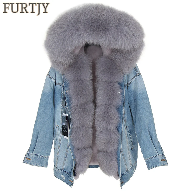 

2019 Denim Parka Real Fur Coat Winter Jacket Women Thick Warm Fur Parka Real Fur Jacket Real Natural Fox Fur Coat