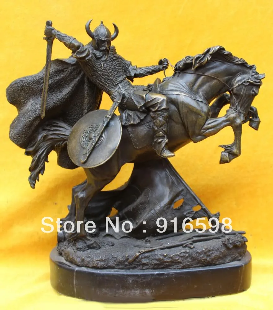 Marble Base Art Western Viking Knight Warrior On Horse Bronze Statue