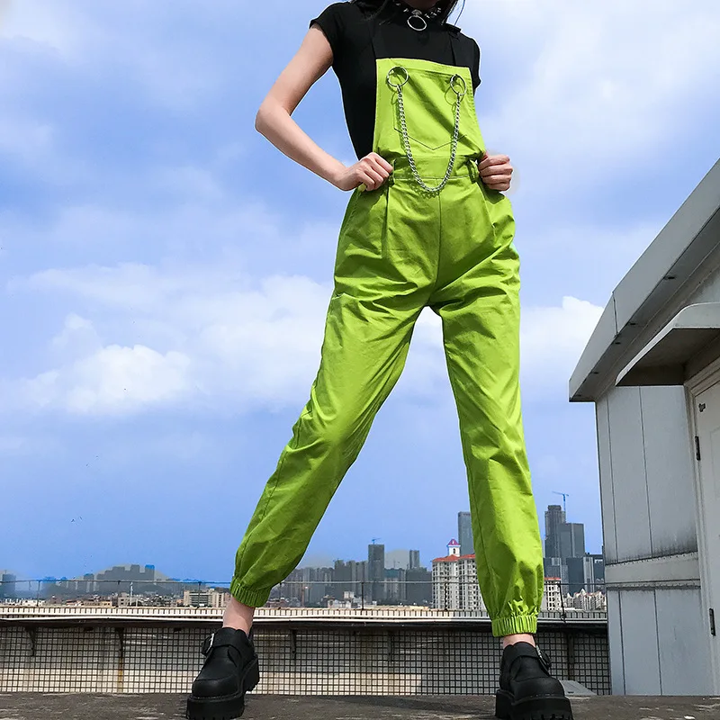 

Harajuku Korean Women Overalls Sweat Pants Neon Green Cotton Cargo Pants High Waist Trousers with Chain Pocket Streetwear Punk