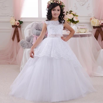 

White/Ivory/Champagne Flower Girl Dresses 2019 Hot Sale Ball Gown Lace Appliques Floor Length First Communion Dress For Girls