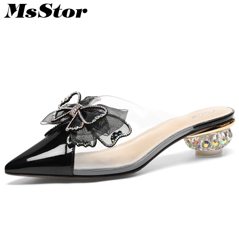 

MsStor Sexy Crystal Women Sandals Fashion Butterfly Knot Med Heel Round Heels Sandals Women Shoes Sandales Femme 2019 Nouveau