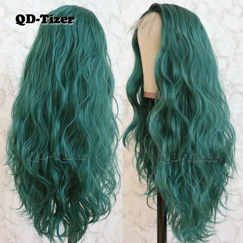 QD-Tizer Hair Loose Wave Hair Lace Wig with BabyHair Glueless Heat Resistant Synthetic Lace Front Wigs for Women Ombre Green Wig