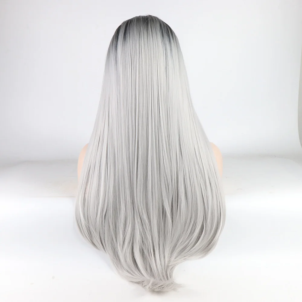 Фэнтези Красота Glueless Синтетические волосы на кружеве парик Ombre Silver Grey парик длинные прямые Хэллоуин синтетической парики для Для женщин жаропрочных парик