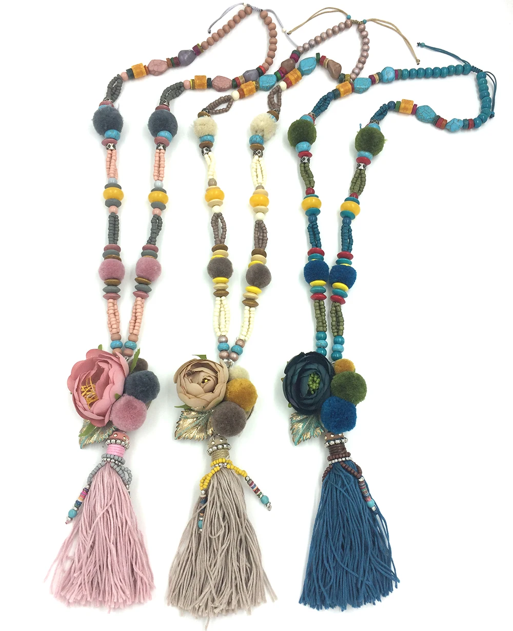 New Handmade Bohemia Jewelry Rose Flower Pendant Necklace Beaded Chain Retro Pompoms Tassel Pendants Necklace Long Fringe Tassel