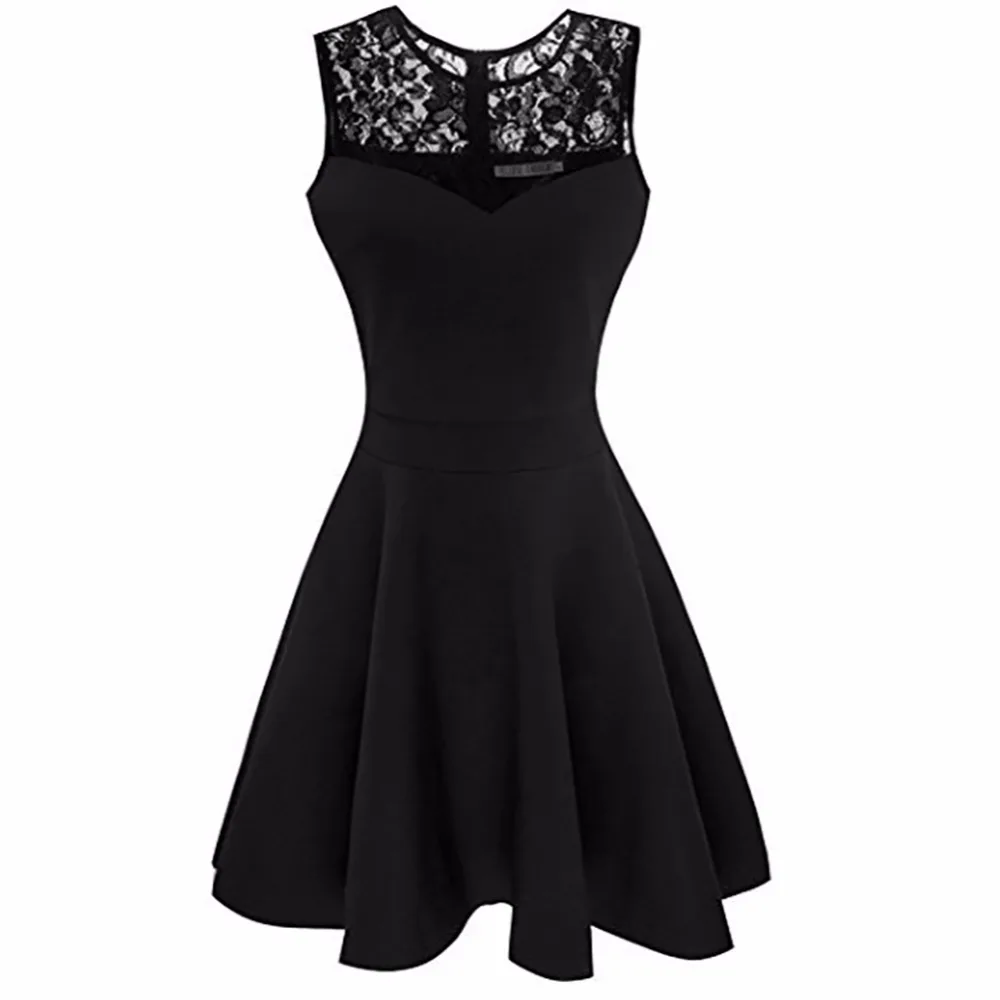 

Summer Fashion Women's A-Line Pleated Sleeveless Dress Little Cocktail Party Black Dress With Floral Lace #273722