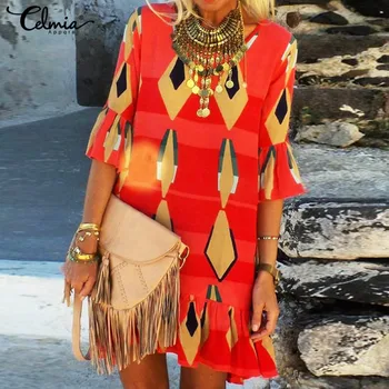 

Vintage Printed Women's Dress Celmia 2020 Summer Ladies Half Sleeve Casual Loose Ruffles Mini Dress Plus Size Bohemian Vestidos