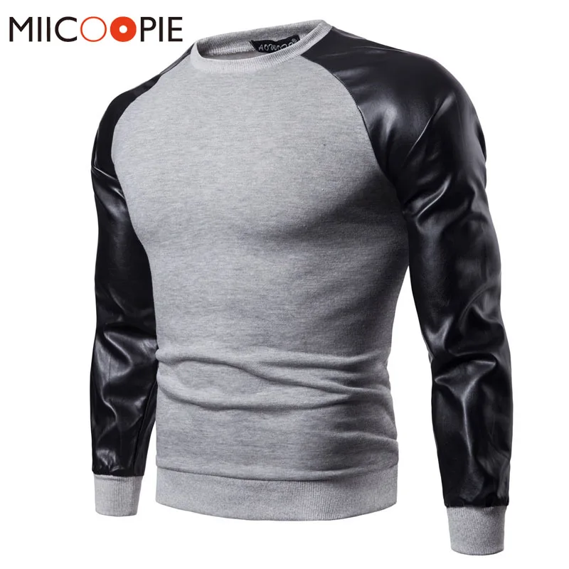 

Fashion Leather Patchwork Hoodies Men Pullover Casual Sweatshirt Men Leather Jacket Hoodie Sweatshirts High Streetwear 3XL